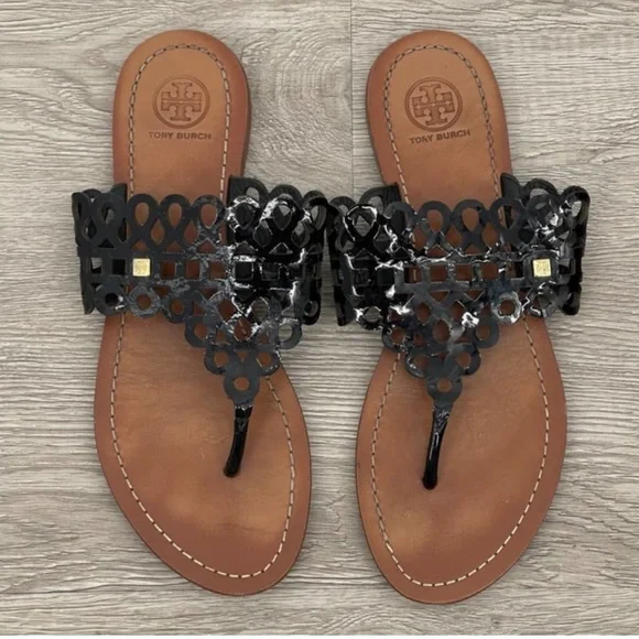 Tory Burch Davy laser cut thong sandal Black Patent Leather size 8 - Picture 7 of 9